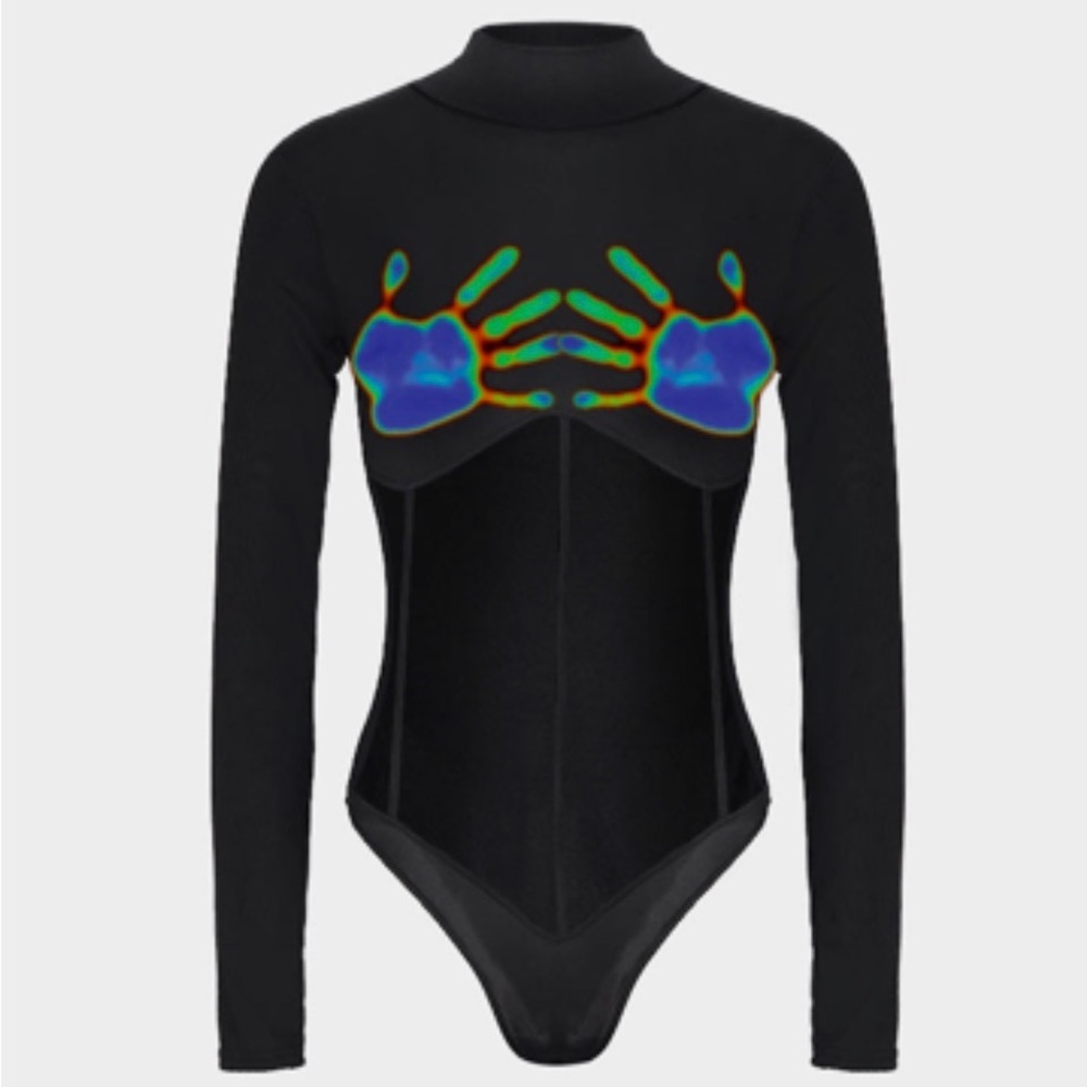 High neck skinny mesh long sleeve bodysuit thermal palms